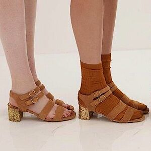 NWB For Love & Lemons x Marais Jardin Suede Heel In Color Camel Gold Sequin 8.5